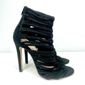 ALDO Black Braided Knit & Suede Cage High Heels Open Toe Zip Women Size 5